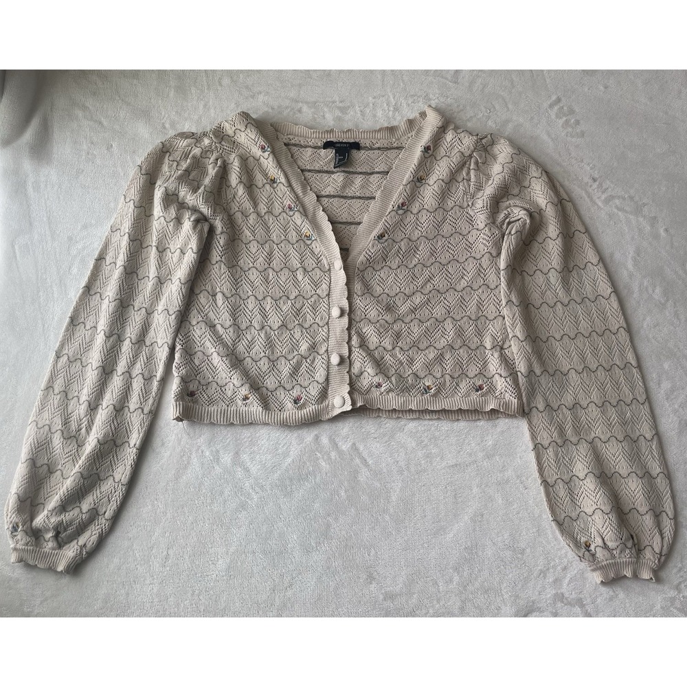 Forever 21 Beige Long Sleeve Button-Up Cardigan With Flower Embroidery Women's S - Picture 2 of 8